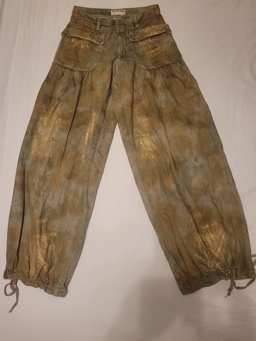 We The Free Olive Green Tie-Dye Wide Leg Pants with Gold Shimmer